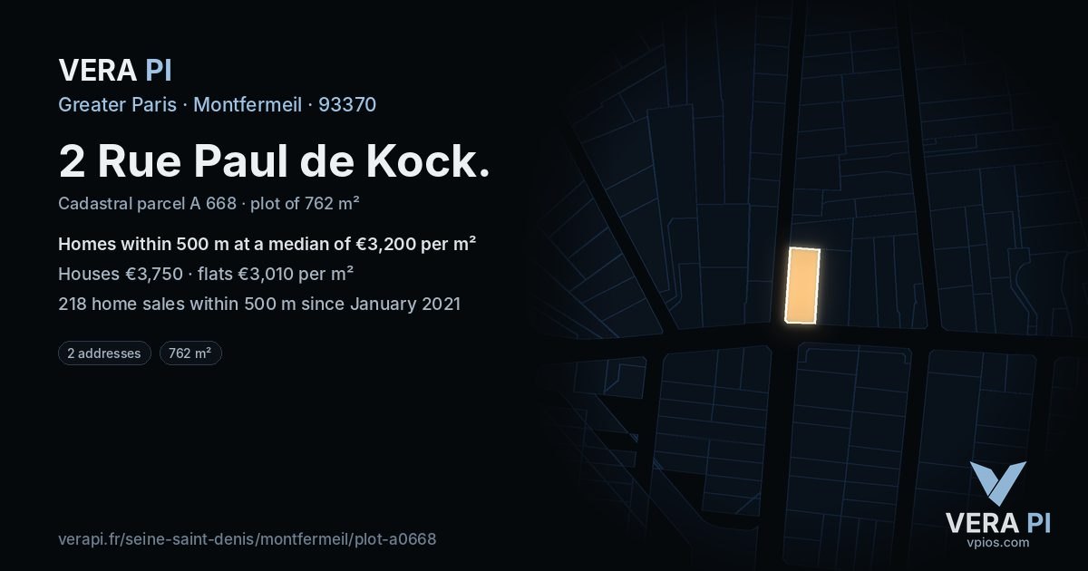 2 Rue Paul de Kock, Montfermeil at night – the plot lit, the parcels around coloured by the prices near them