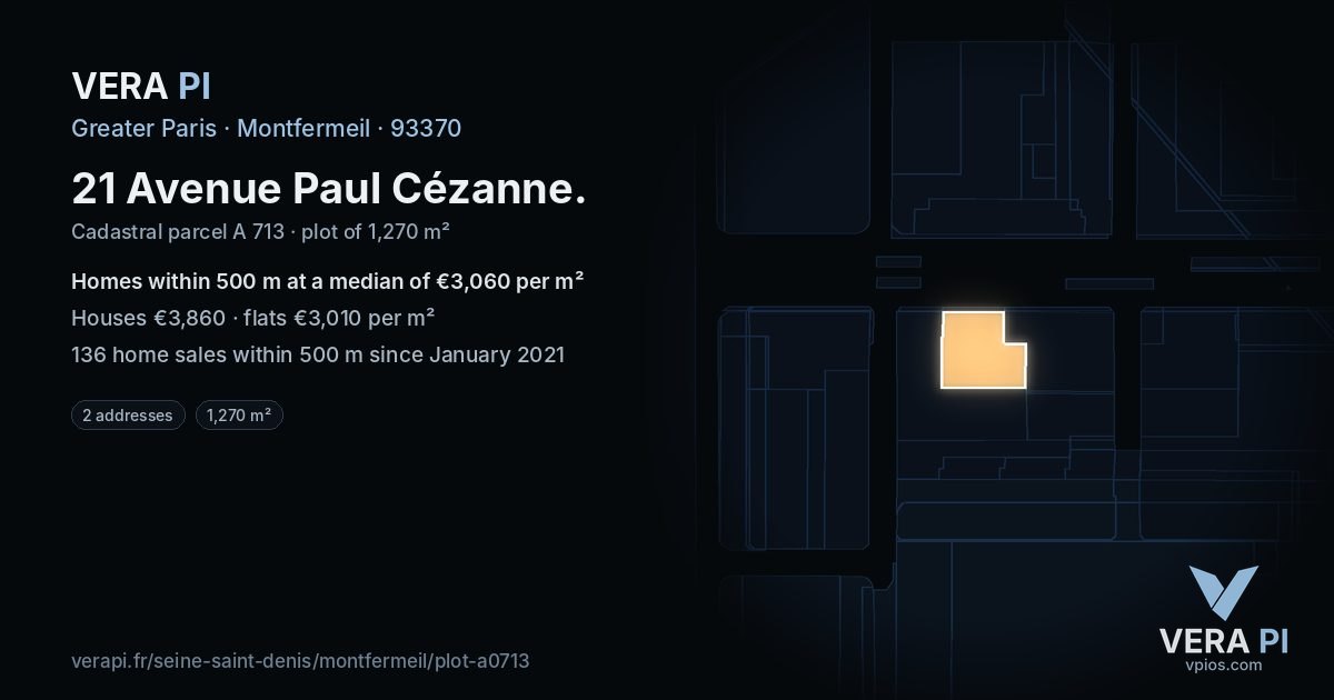 21 Avenue Paul Cézanne, Montfermeil at night – the plot lit, the parcels around coloured by the prices near them