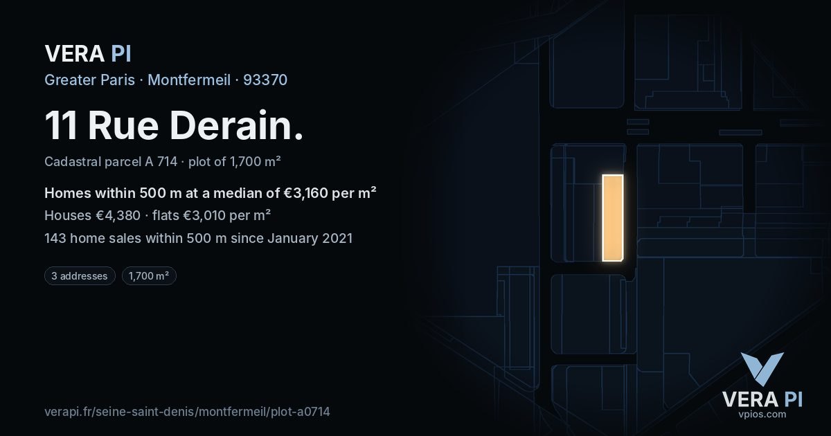 11 Rue Derain, Montfermeil at night – the plot lit, the parcels around coloured by the prices near them