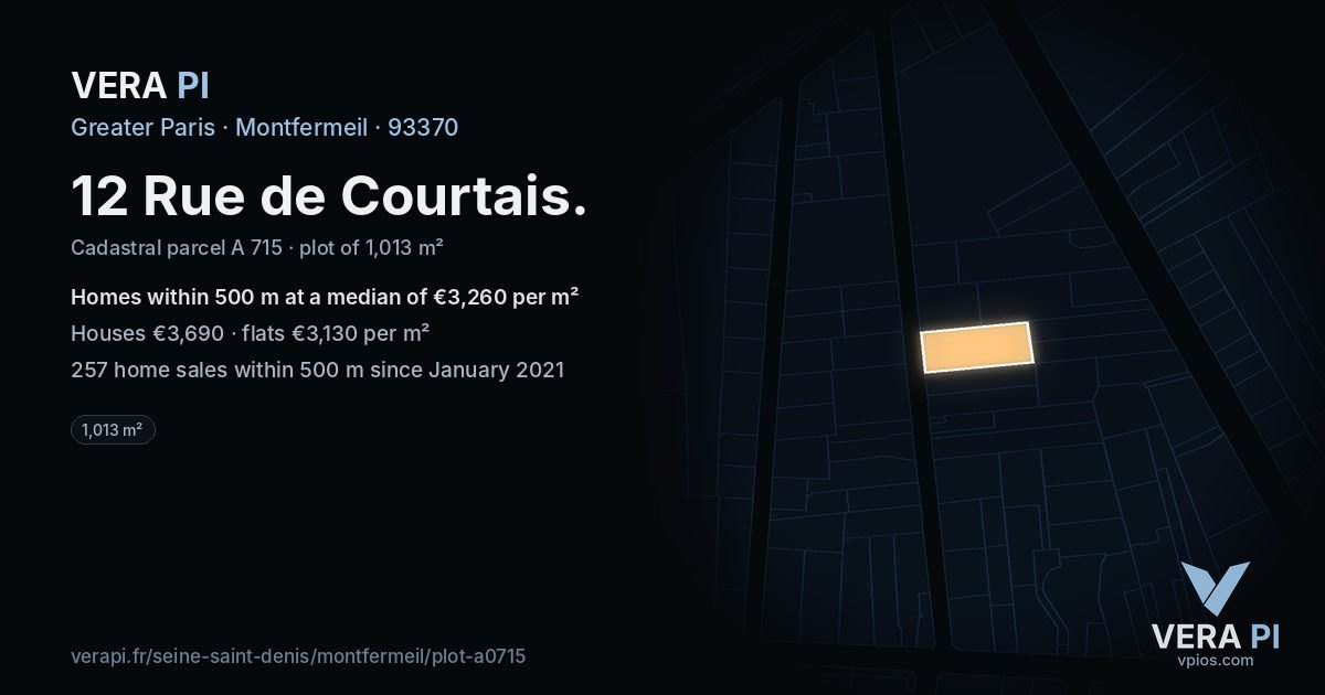 12 Rue de Courtais, Montfermeil at night – the plot lit, the parcels around coloured by the prices near them