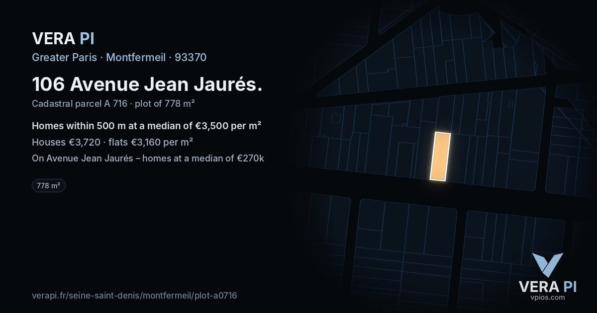 106 Avenue Jean Jaurés, Montfermeil at night – the plot lit, the parcels around coloured by the prices near them