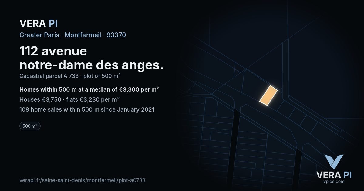 112 avenue notre-dame des anges, Montfermeil at night – the plot lit, the parcels around coloured by the prices near them