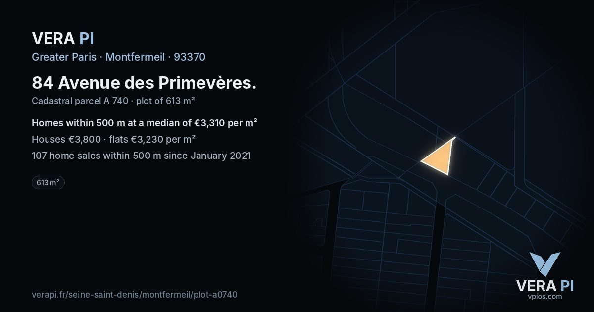 84 Avenue des Primevères, Montfermeil at night – the plot lit, the parcels around coloured by the prices near them