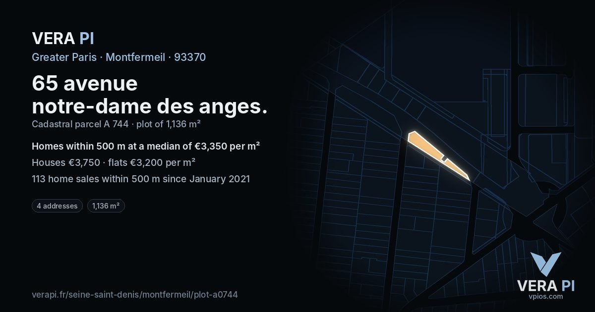 65 avenue notre-dame des anges, Montfermeil at night – the plot lit, the parcels around coloured by the prices near them