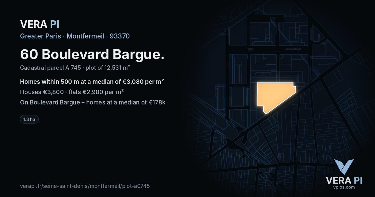 60 Boulevard Bargue, Montfermeil at night – the plot lit, the parcels around coloured by the prices near them