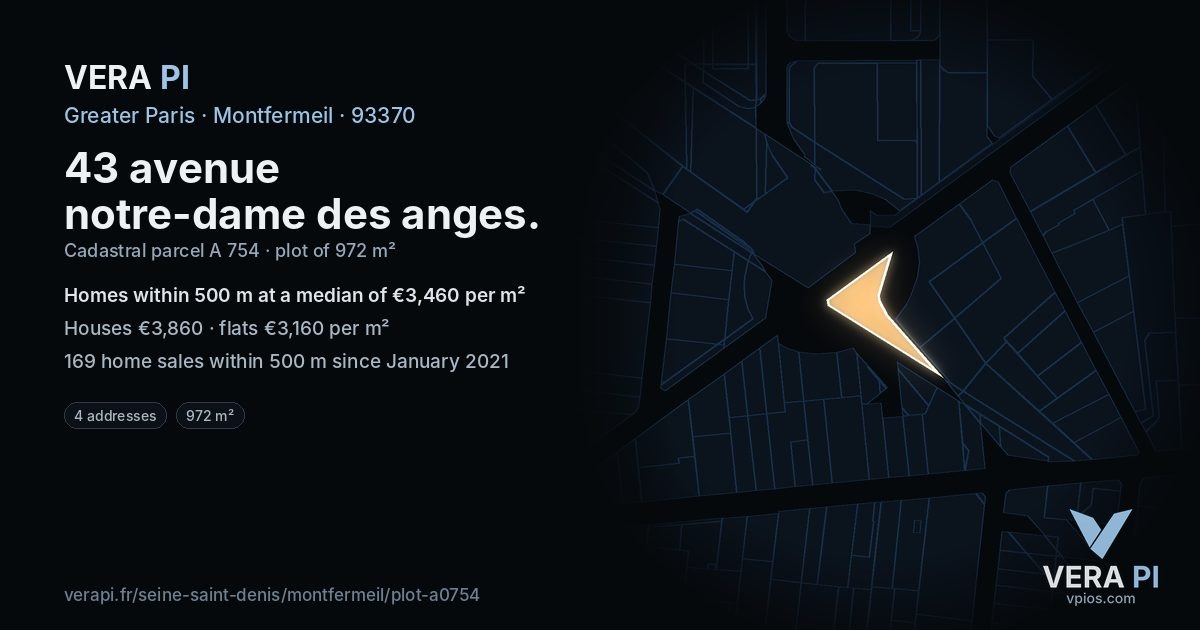 43 avenue notre-dame des anges, Montfermeil at night – the plot lit, the parcels around coloured by the prices near them