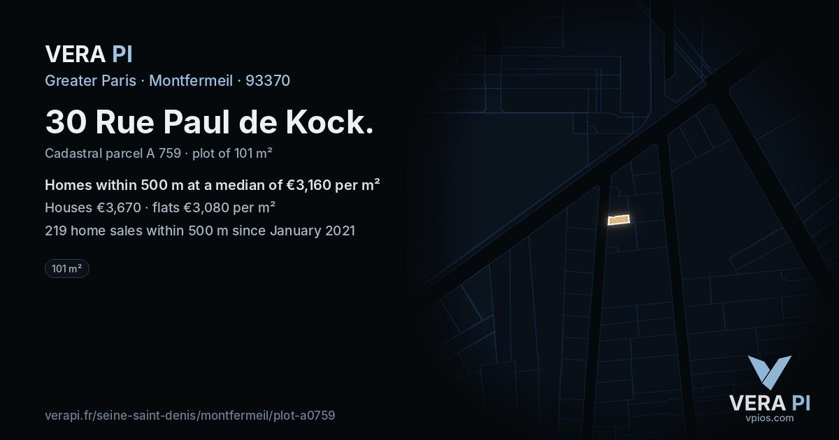30 Rue Paul de Kock, Montfermeil at night – the plot lit, the parcels around coloured by the prices near them