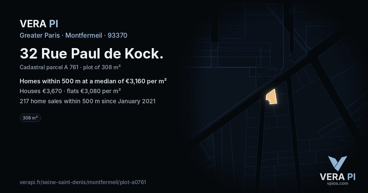 32 Rue Paul de Kock, Montfermeil at night – the plot lit, the parcels around coloured by the prices near them