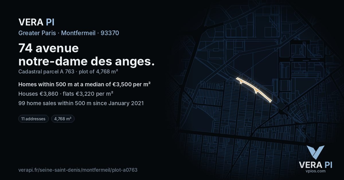 74 avenue notre-dame des anges, Montfermeil at night – the plot lit, the parcels around coloured by the prices near them