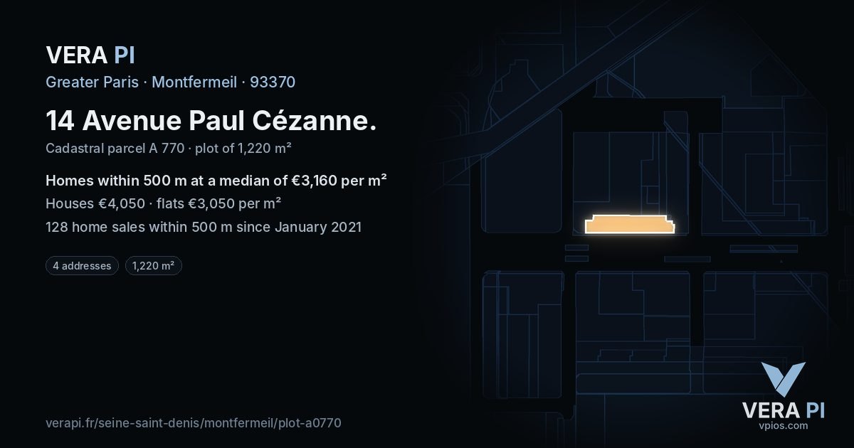 14 Avenue Paul Cézanne, Montfermeil at night – the plot lit, the parcels around coloured by the prices near them