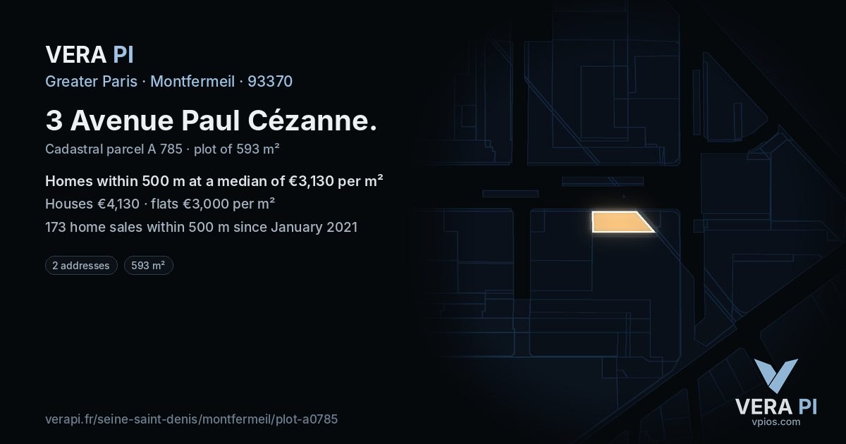 3 Avenue Paul Cézanne, Montfermeil at night – the plot lit, the parcels around coloured by the prices near them