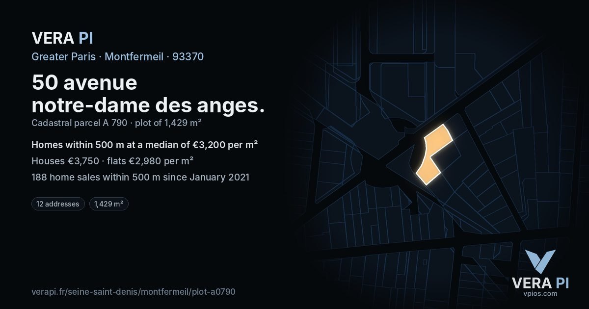 50 avenue notre-dame des anges, Montfermeil at night – the plot lit, the parcels around coloured by the prices near them