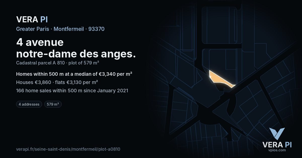 4 avenue notre-dame des anges, Montfermeil at night – the plot lit, the parcels around coloured by the prices near them
