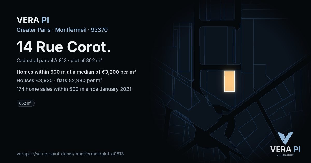 14 Rue Corot, Montfermeil at night – the plot lit, the parcels around coloured by the prices near them