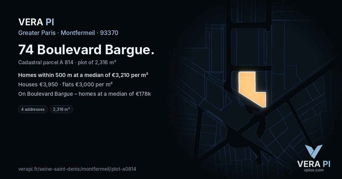 74 Boulevard Bargue, Montfermeil at night – the plot lit, the parcels around coloured by the prices near them