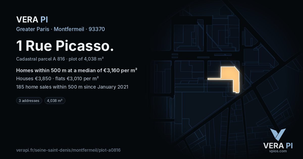 1 Rue Picasso, Montfermeil at night – the plot lit, the parcels around coloured by the prices near them