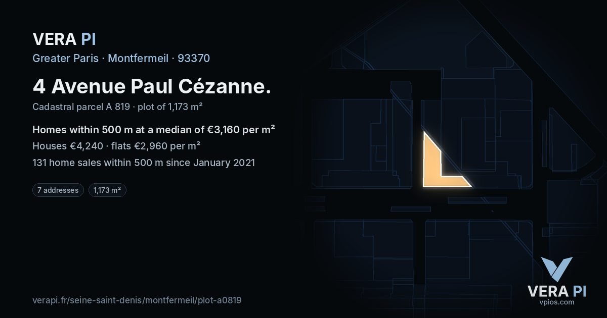 4 Avenue Paul Cézanne, Montfermeil at night – the plot lit, the parcels around coloured by the prices near them