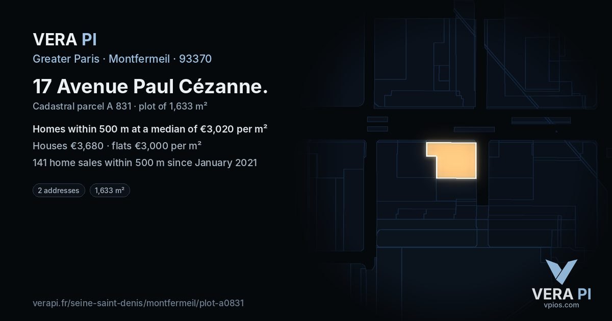 17 Avenue Paul Cézanne, Montfermeil at night – the plot lit, the parcels around coloured by the prices near them