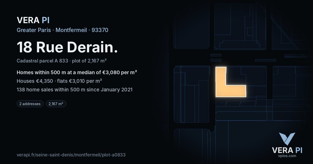 18 Rue Derain, Montfermeil at night – the plot lit, the parcels around coloured by the prices near them