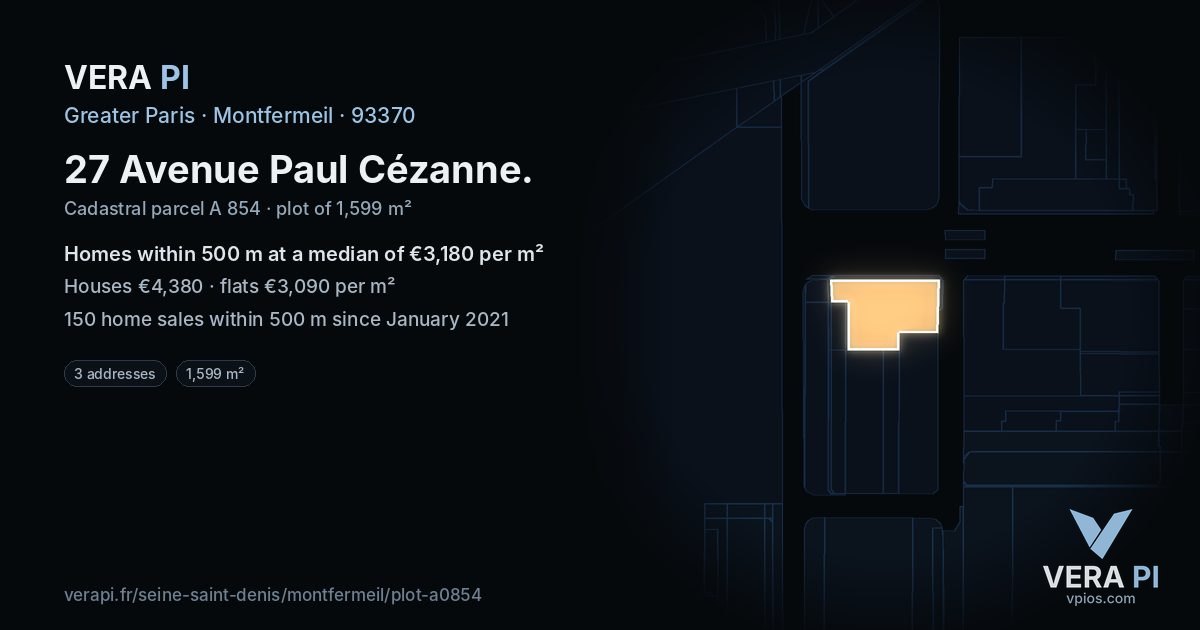 27 Avenue Paul Cézanne, Montfermeil at night – the plot lit, the parcels around coloured by the prices near them