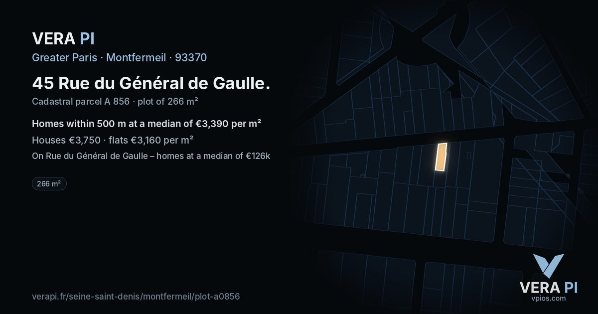 45 Rue du Général de Gaulle, Montfermeil at night – the plot lit, the parcels around coloured by the prices near them