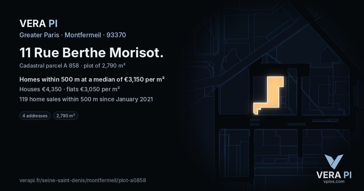 11 Rue Berthe Morisot, Montfermeil at night – the plot lit, the parcels around coloured by the prices near them