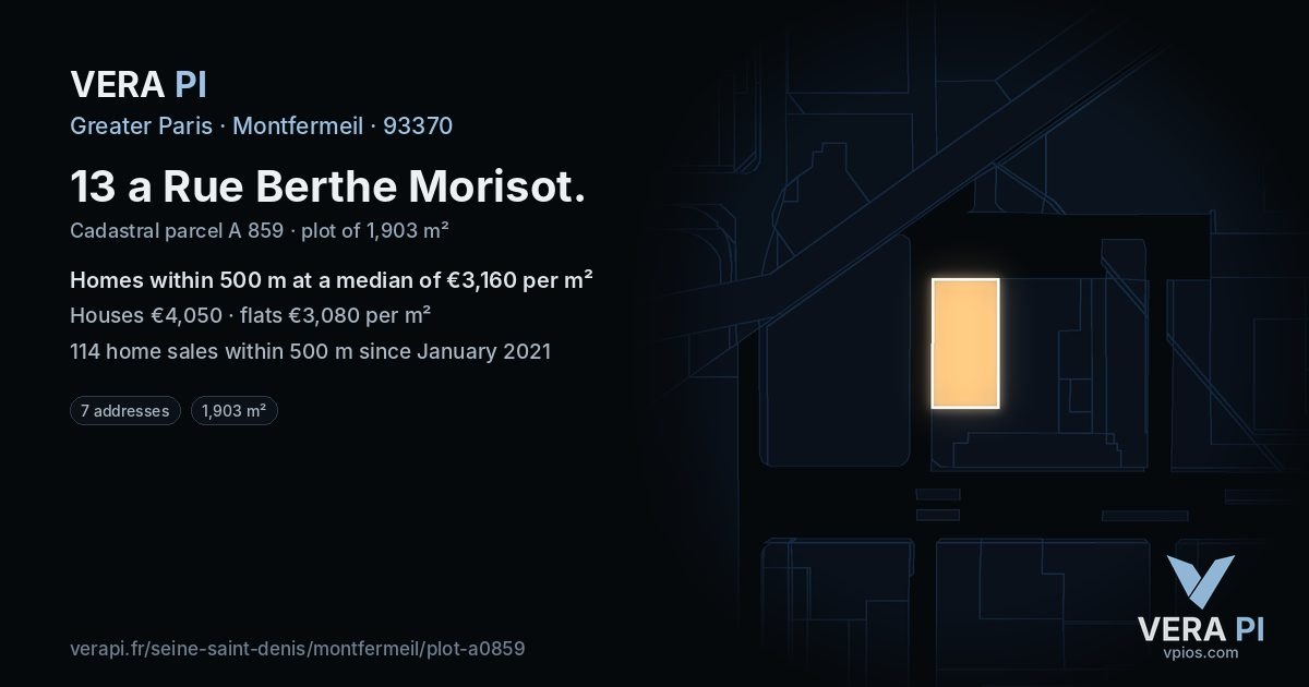 13 a Rue Berthe Morisot, Montfermeil at night – the plot lit, the parcels around coloured by the prices near them