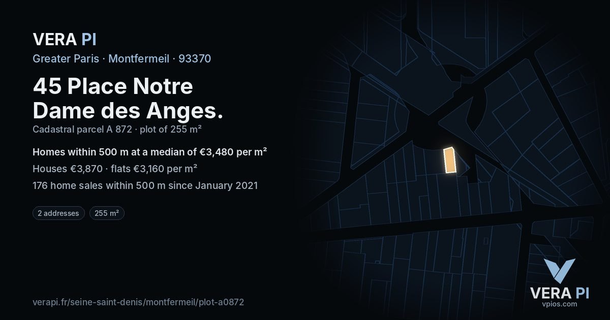 45 Place Notre Dame des Anges, Montfermeil at night – the plot lit, the parcels around coloured by the prices near them