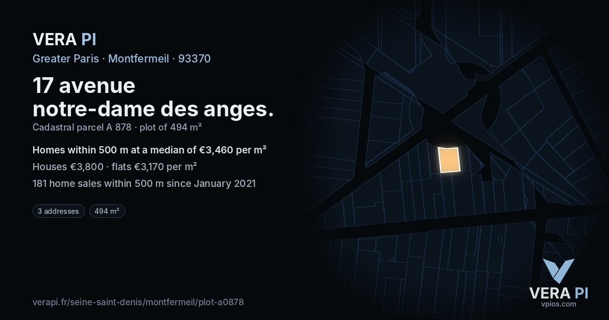 17 avenue notre-dame des anges, Montfermeil at night – the plot lit, the parcels around coloured by the prices near them