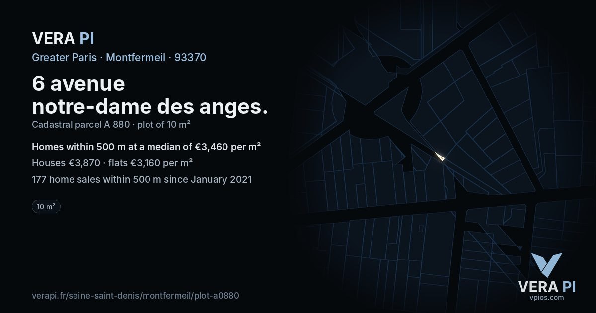 6 avenue notre-dame des anges, Montfermeil at night – the plot lit, the parcels around coloured by the prices near them