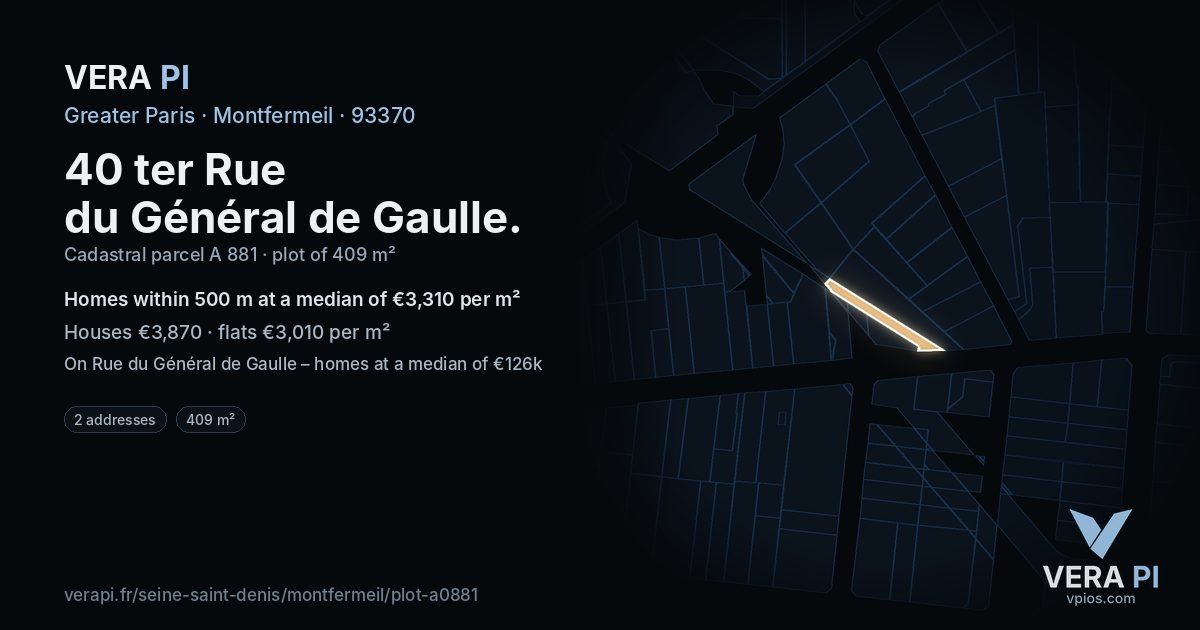 40 ter Rue du Général de Gaulle, Montfermeil at night – the plot lit, the parcels around coloured by the prices near them