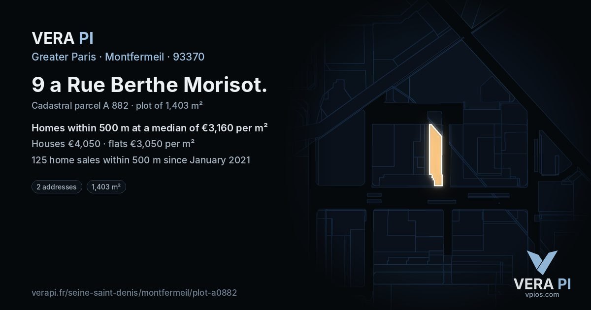 9 a Rue Berthe Morisot, Montfermeil at night – the plot lit, the parcels around coloured by the prices near them