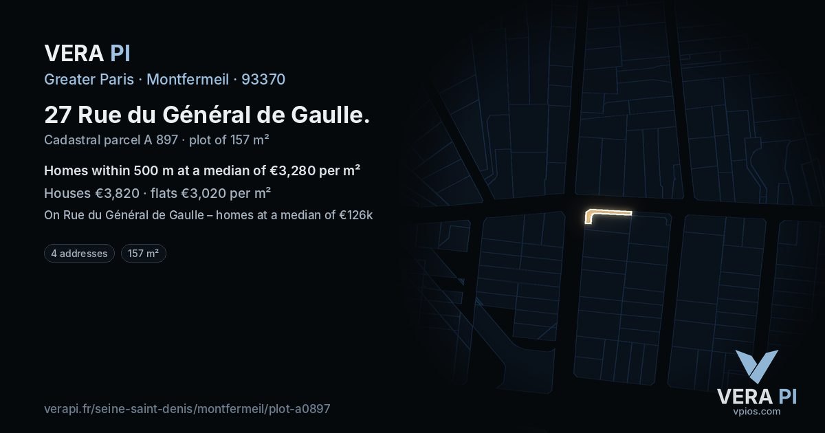 27 Rue du Général de Gaulle, Montfermeil at night – the plot lit, the parcels around coloured by the prices near them