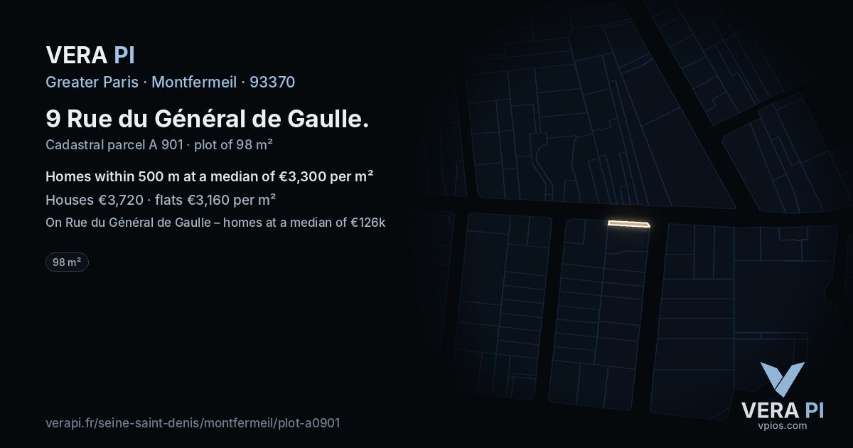 9 Rue du Général de Gaulle, Montfermeil at night – the plot lit, the parcels around coloured by the prices near them