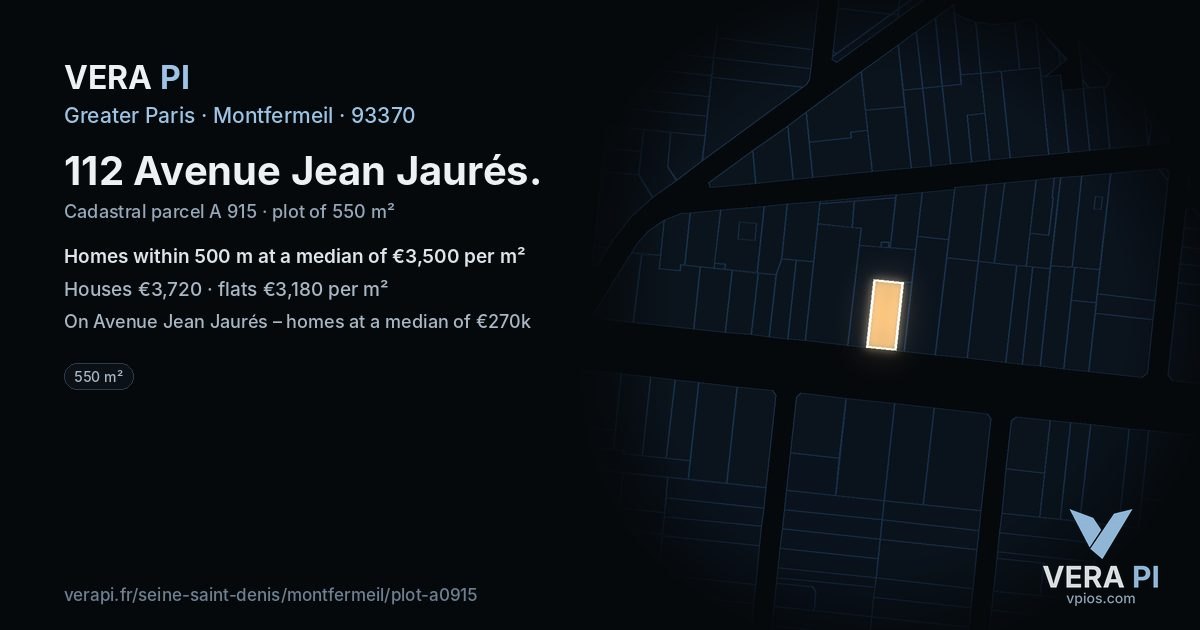112 Avenue Jean Jaurés, Montfermeil at night – the plot lit, the parcels around coloured by the prices near them