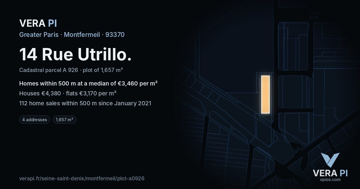 14 Rue Utrillo, Montfermeil at night – the plot lit, the parcels around coloured by the prices near them