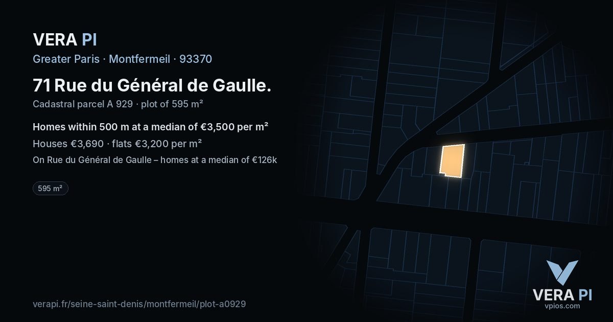 71 Rue du Général de Gaulle, Montfermeil at night – the plot lit, the parcels around coloured by the prices near them