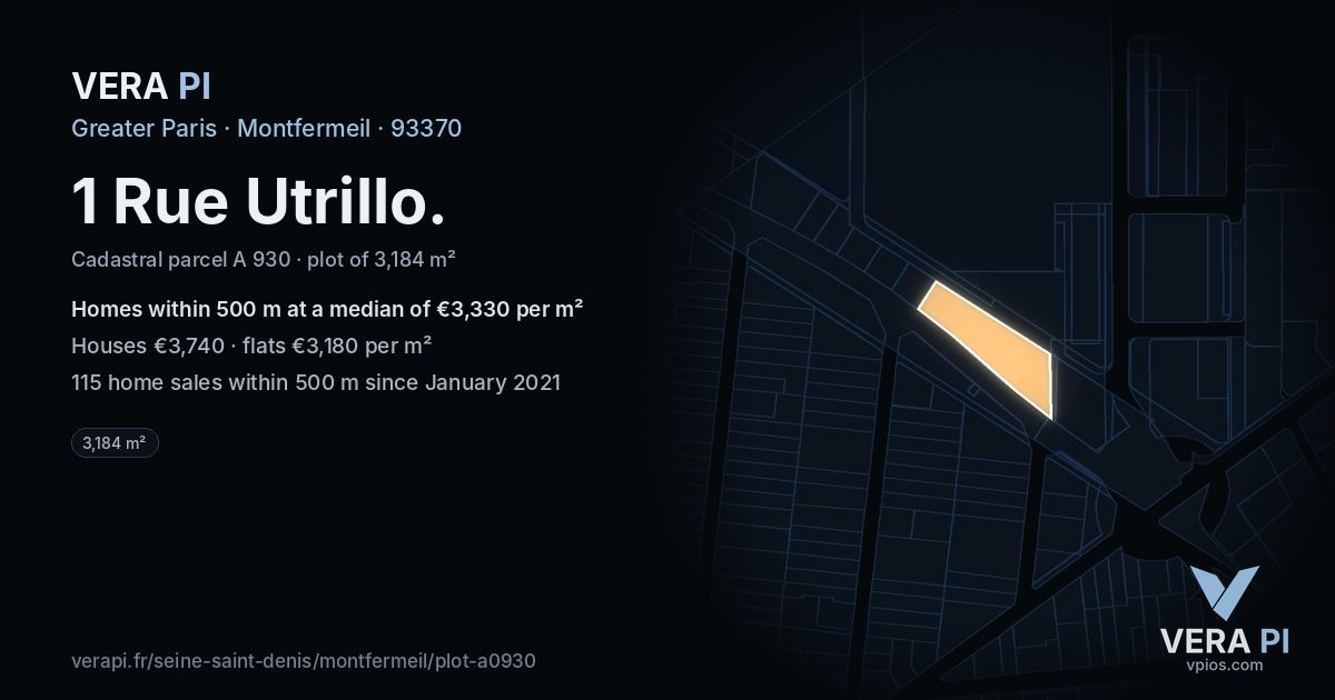 1 Rue Utrillo, Montfermeil at night – the plot lit, the parcels around coloured by the prices near them