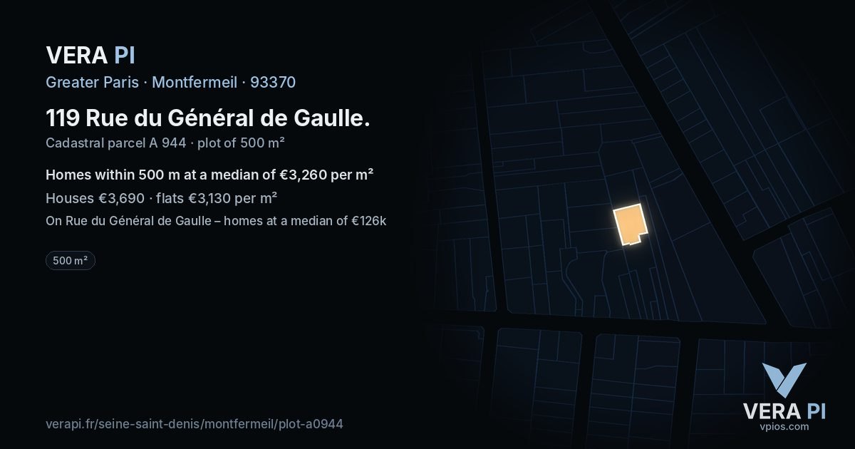 119 Rue du Général de Gaulle, Montfermeil at night – the plot lit, the parcels around coloured by the prices near them