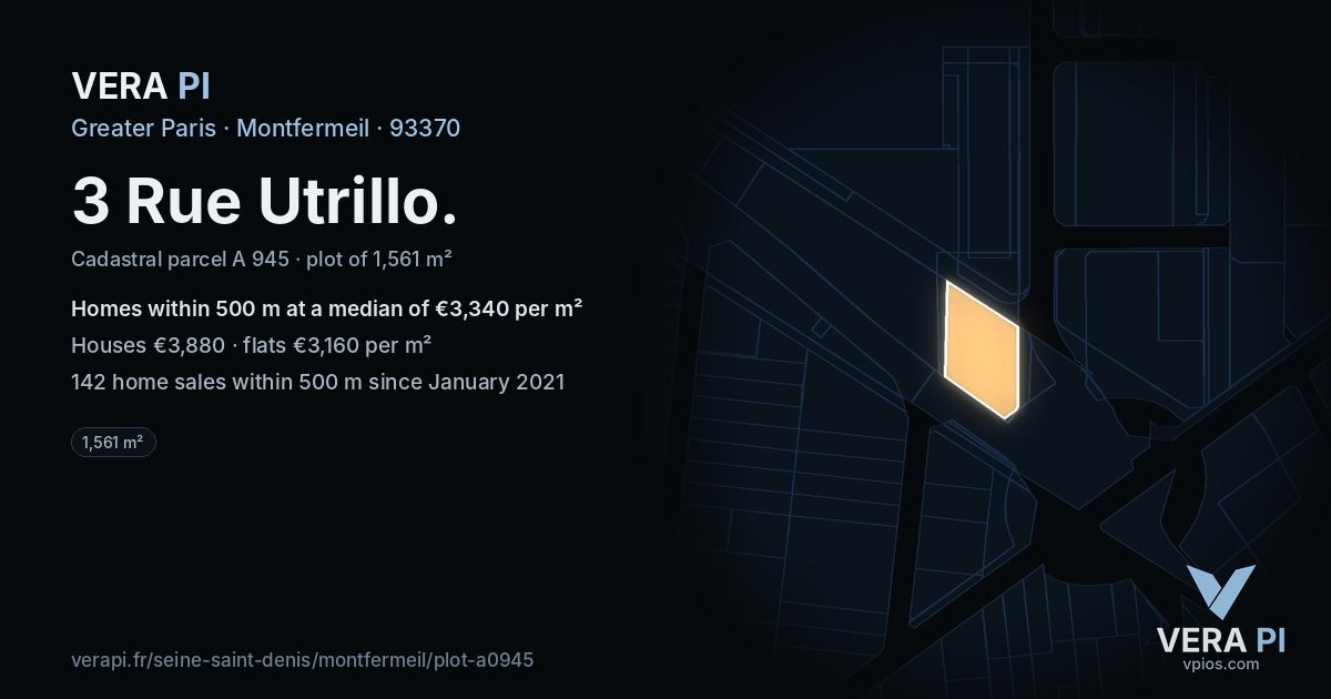 3 Rue Utrillo, Montfermeil at night – the plot lit, the parcels around coloured by the prices near them