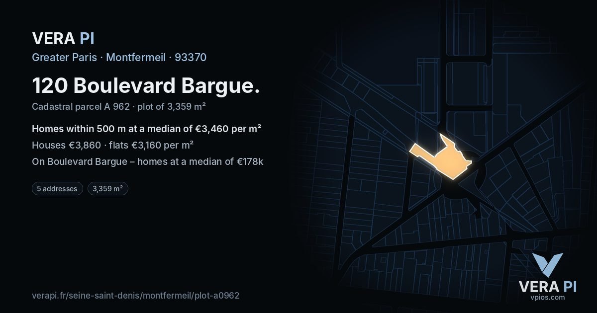 120 Boulevard Bargue, Montfermeil at night – the plot lit, the parcels around coloured by the prices near them