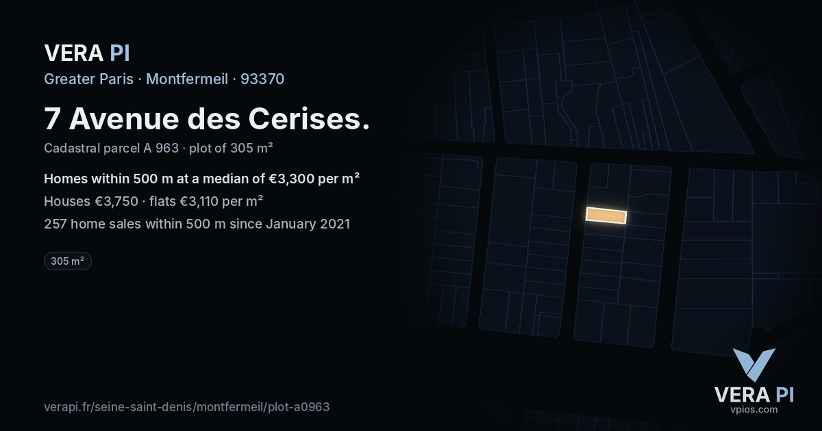 7 Avenue des Cerises, Montfermeil at night – the plot lit, the parcels around coloured by the prices near them