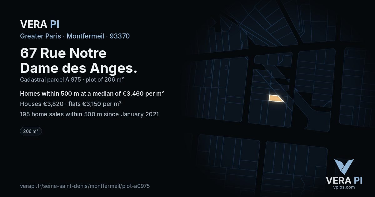 67 Rue Notre Dame des Anges, Montfermeil at night – the plot lit, the parcels around coloured by the prices near them