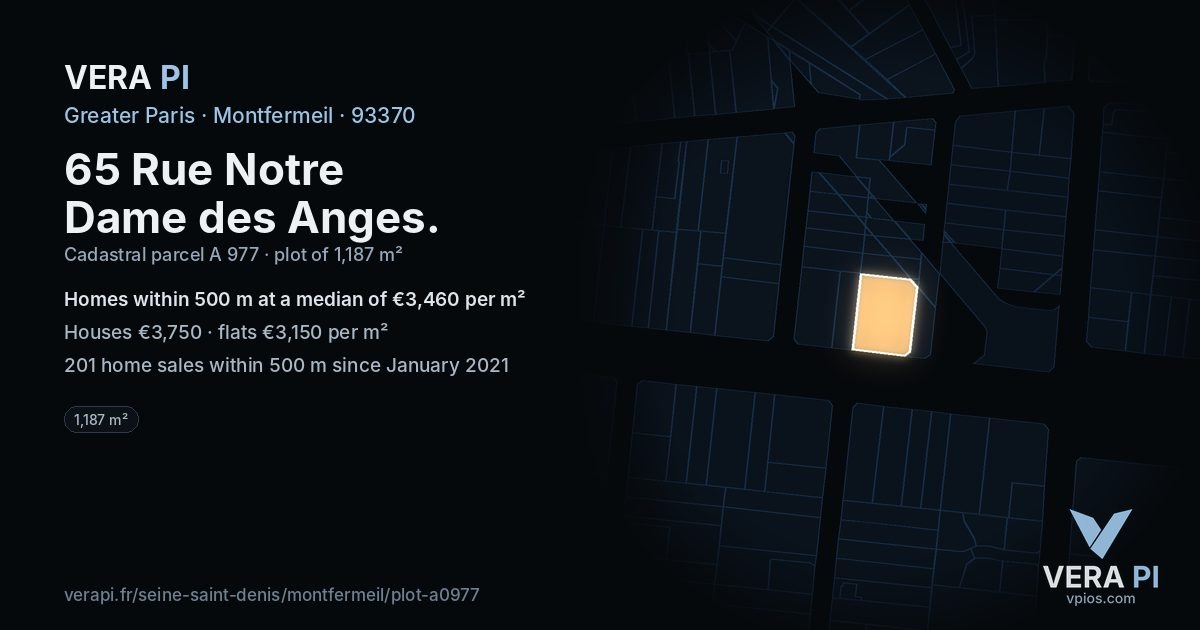 65 Rue Notre Dame des Anges, Montfermeil at night – the plot lit, the parcels around coloured by the prices near them