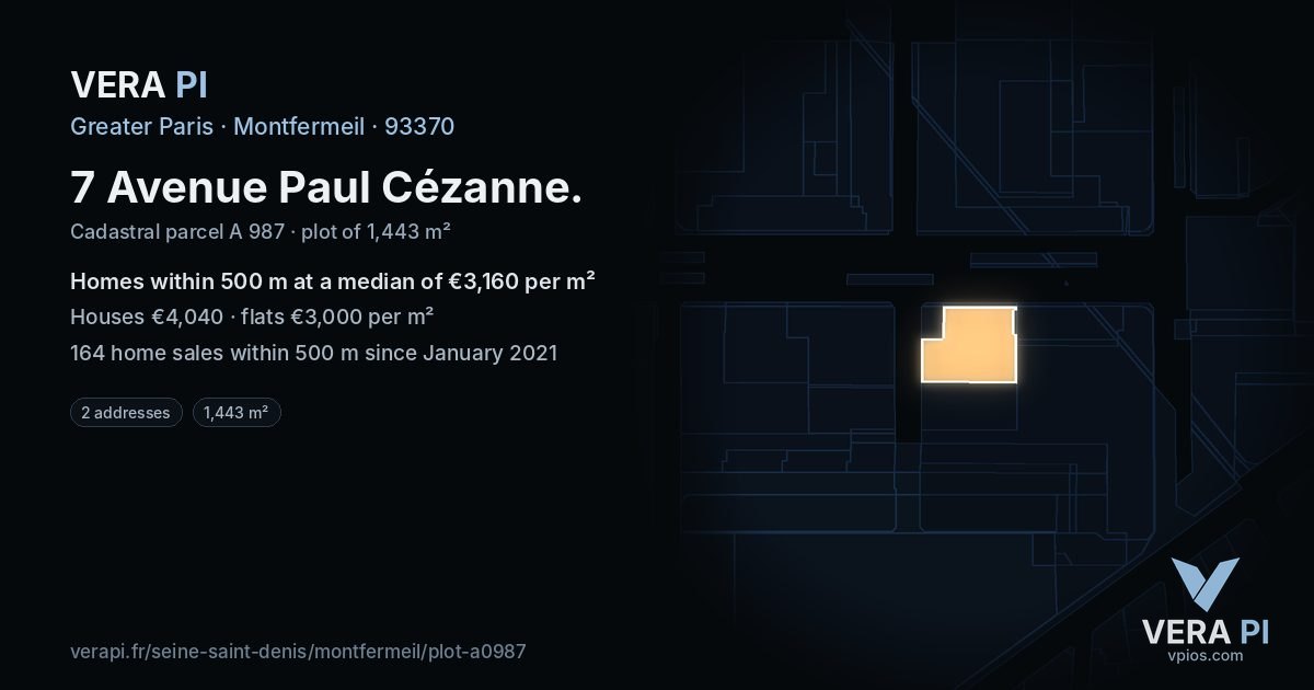 7 Avenue Paul Cézanne, Montfermeil at night – the plot lit, the parcels around coloured by the prices near them