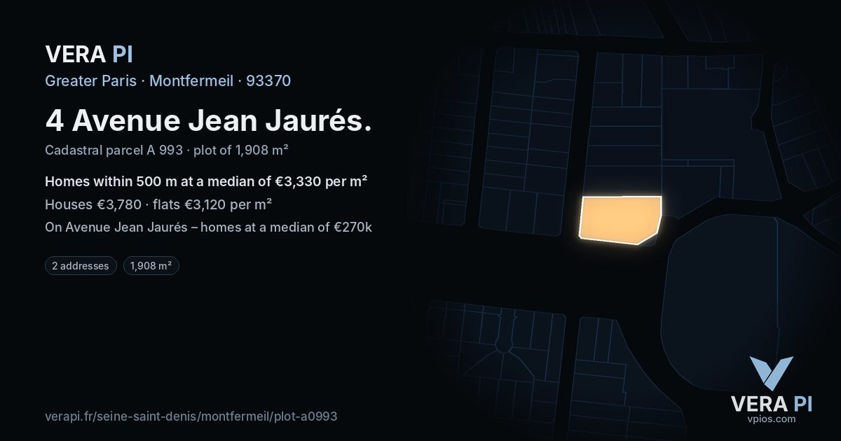 4 Avenue Jean Jaurés, Montfermeil at night – the plot lit, the parcels around coloured by the prices near them