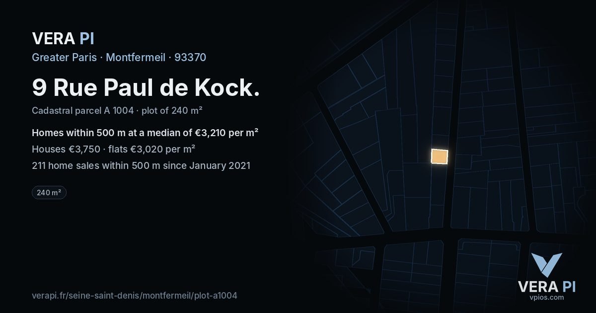 9 Rue Paul de Kock, Montfermeil at night – the plot lit, the parcels around coloured by the prices near them
