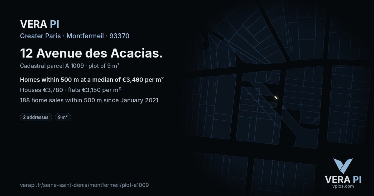 12 Avenue des Acacias, Montfermeil at night – the plot lit, the parcels around coloured by the prices near them