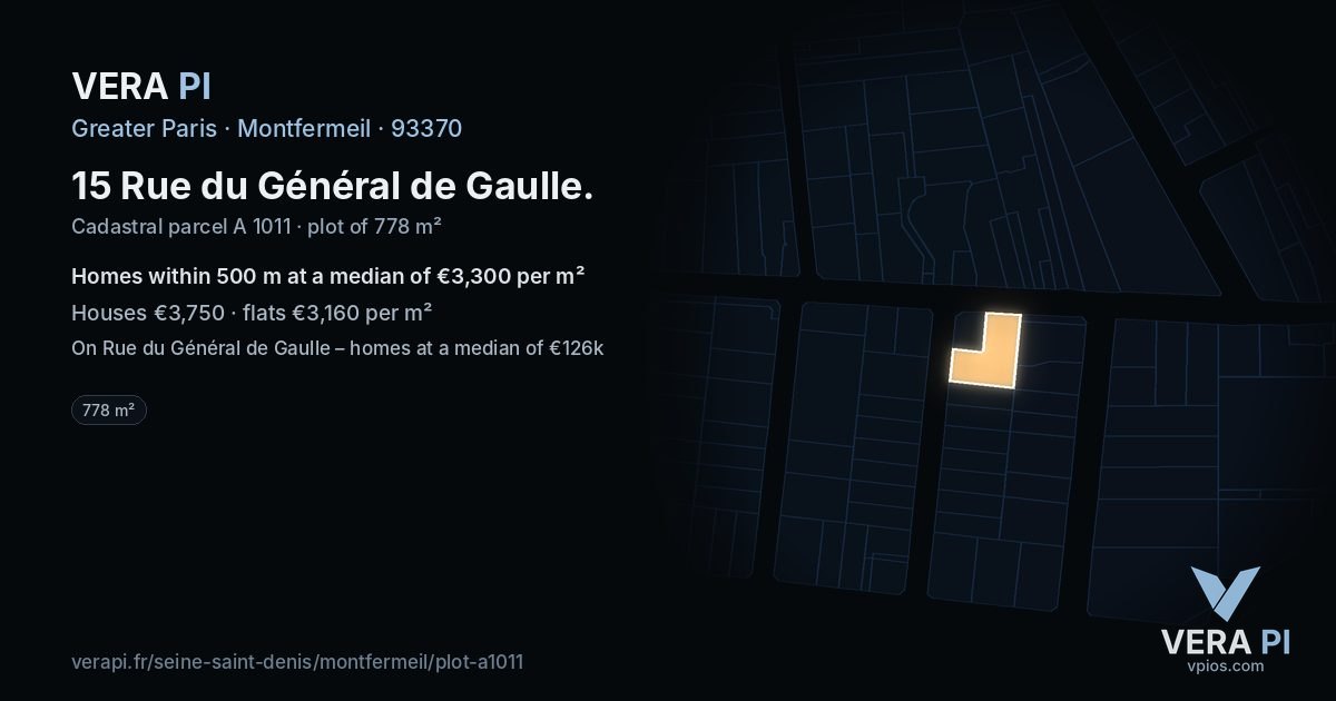 15 Rue du Général de Gaulle, Montfermeil at night – the plot lit, the parcels around coloured by the prices near them
