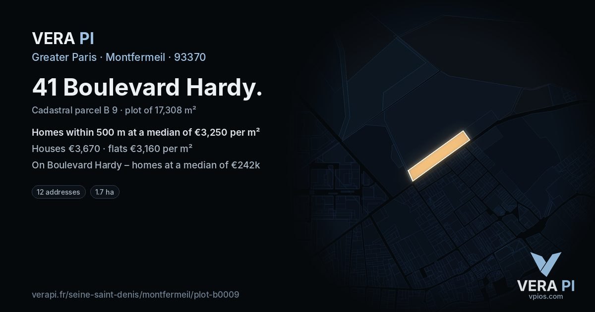 41 Boulevard Hardy, Montfermeil at night – the plot lit, the parcels around coloured by the prices near them